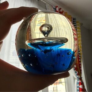 Handheld Blue Glass Paperweight - Clear and Blue Decorative Orb